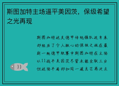 斯图加特主场逼平美因茨，保级希望之光再现